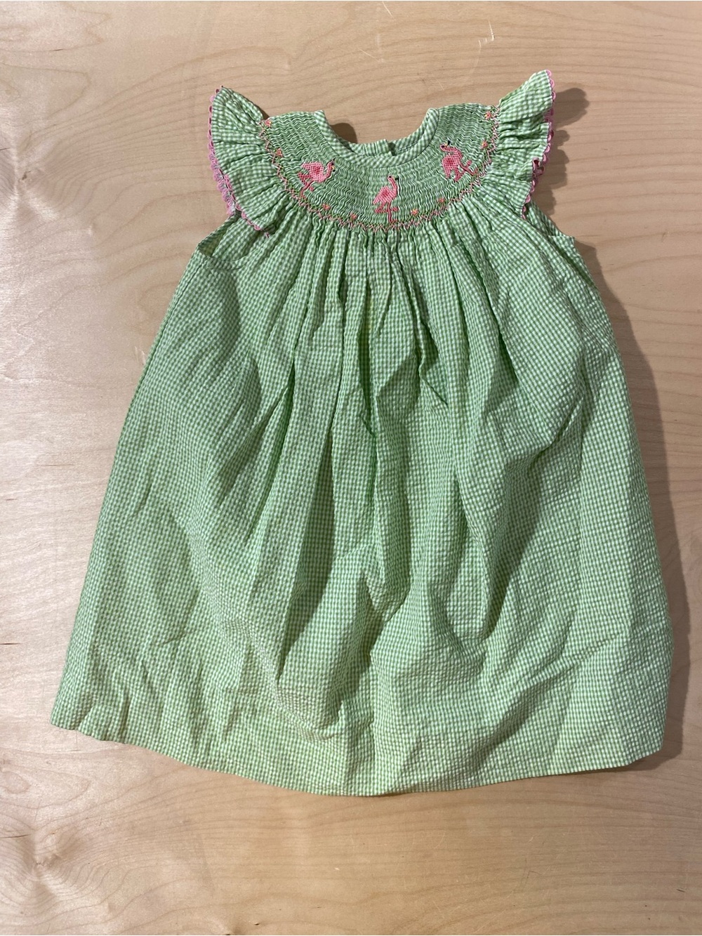 Amanda Remembered Green Smocked Baby Dress with Pink Flamingo Embroidery 2 (RN)